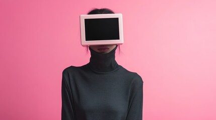 Wall Mural - A woman with a computer monitor on her head.