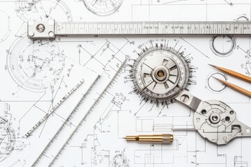 Poster - Engineering blueprint with precision tools including calipers and rulers neatly arranged on a white background