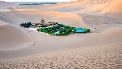 Magnificent scenery of Dunhuang at dusk, with Mingsha Mountain and Crescent Lake echoing each other.