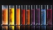 © Arbystudio - A row of ten glass test tubes filled with colorful liquids, reflecting on a black surface.