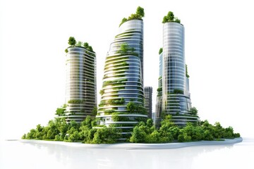 Poster - Innovative green urban architecture, sustainable city design, ecofriendly buildings, on solid white background, single object.,