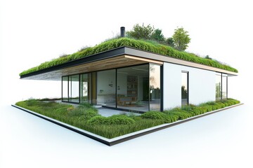 Aufkleber - Innovative insulated green building with green roof, energyefficient and sustainable, on solid white background, single object.,
