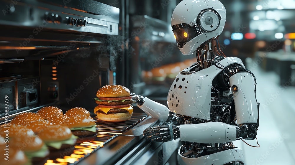 Robot chef flipping burgers on a smart grill in a techdriven fastfood ...