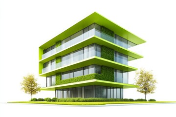 Poster - Modern insulated green building, sustainable materials, high thermal efficiency, on solid white background, single object.,