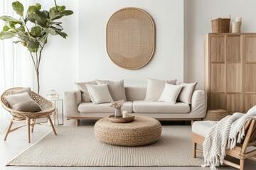 Leinwandbilder - Modern minimalist living room with Scandinavian furniture, neutral color palette, and natural wood accents isolated on white background