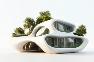 Poster - Modern regenerative architecture, closed-loop system, environmentally friendly design, on solid white background, single object