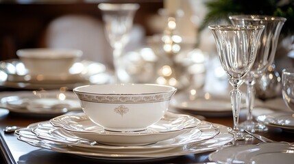 Elegant table setting with white plates and glasses.