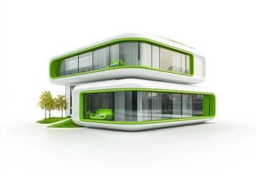 Poster - Smart insulated green building, IoT integrated, energysaving features, on solid white background, single object.,