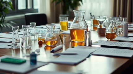 Poster - A meeting room table with scientific equipment and data papers, showing how advisory boards influence business strategy with innovative solutions.