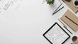 © venusvi - Top view of a minimalist desk with urban planning tools sketches and a tablet showing city infrastructure isolated on white background