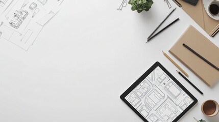 Poster - Top view of a minimalist desk with urban planning tools sketches and a tablet showing city infrastructure isolated on white background