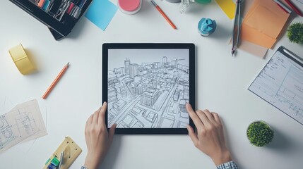 Poster - Top view of a minimalist desk with urban planning tools sketches and a tablet showing city infrastructure isolated on white background