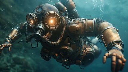 A Steampunk Diver Wearing a Brass Diving Suit