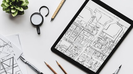 Poster - Top view of a minimalist desk with urban planning tools sketches and a tablet showing city infrastructure isolated on white background
