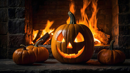 Wall Mural - halloween, pumpkin lantern, pumpkin in the fireplace, ai generated, light