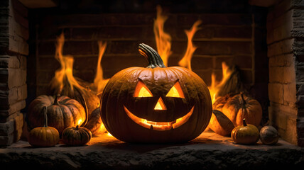 Wall Mural - halloween, pumpkin lantern, pumpkin in the fireplace, ai generated, light