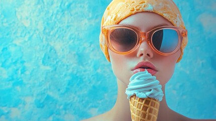 Close-up of a young woman with sunglasses and a yellow hat, looking at a soft serve ice cream cone.