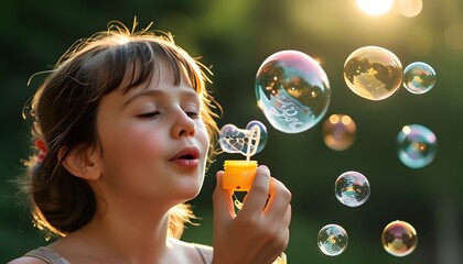 Wall Mural - Joyful moments of sensory play as a parent creates bubbles for a baby to chase and pop, encouraging visual stimulation and delightful exploration.