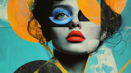 Wall Mural - Close-up of a woman's face with bright colors and abstract shapes.