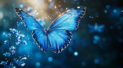 Enchanting blue butterfly with illuminated wings set against a winter wonderland background - fantasy art concept featuring ice-inspired butterfly design and winter imagery