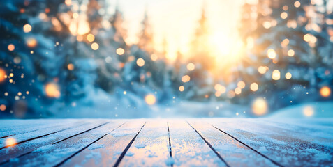 Wall Mural - snowy christmas background with blur effect with falling snowflakes on wood floor