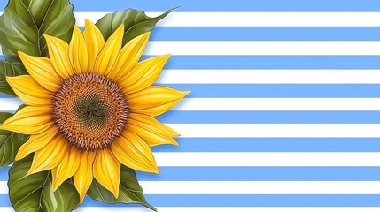 Sticker - A vibrant yellow sunflower with green leaves against a blue and white striped background.