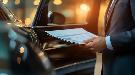 A businessman reviewing documents next to a luxury car, illuminated by soft ambient light, symbolizing success and professionalism.