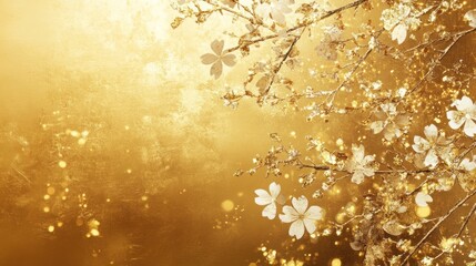 Canvas Print - Golden background with glittering white flowers and bokeh lights.