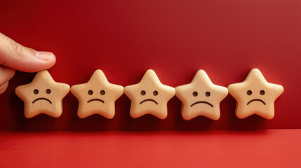 Hand placing five wooden stars with sad faces on red background