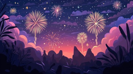 Wall Mural - Night sky with fireworks over mountains and silhouettes of plants.