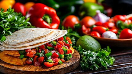 Fresh tortillas, tomatoes, peppers, and cilantro come together to create the perfect Mexican feast.