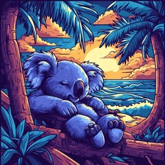 A koala relaxing on a sunny beach, surrounded by palm trees and gentle ocean waves, in a warm and tropical setting.