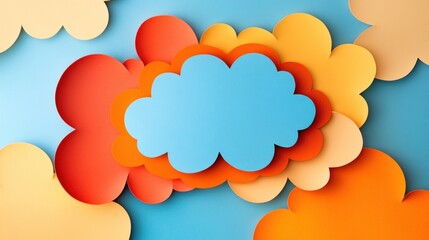 Poster - Abstract blue, orange, and yellow cloud shapes on a blue background.