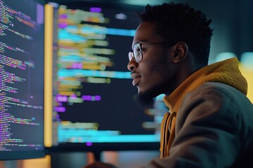 Profile of a student studying cybersecurity and AI online in an IT educational setting.