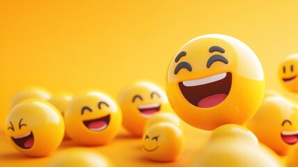 A yellow smiley face with wide eyes and an open mouth laughs with other blurred smiley faces in the background against an orange backdrop.