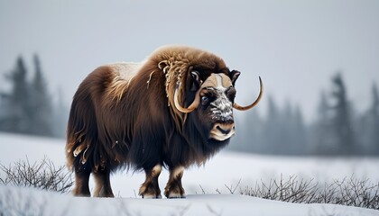 Wall Mural - Majestic muskoxen navigating through a serene winter landscape