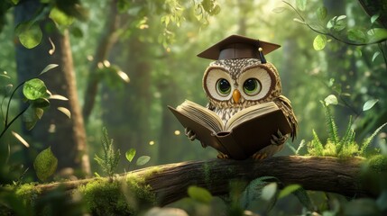 A 3D cartoon owl perched on a branch with a graduation cap, reading a large book, surrounded by a whimsical forest background