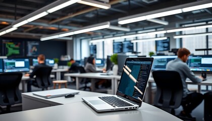 Laptop on a Desk in a Modern Office with Blurred People