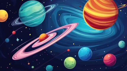 Wall Mural - colorful planets and stars in a blue and purple galaxy.