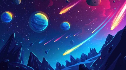 Wall Mural - A vibrant cosmic landscape with blue and purple hues, featuring planets, stars, and shooting stars.