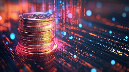 Poster - Stack of Gold Bitcoin Cryptocurrency Coins on a Futuristic Circuit Board