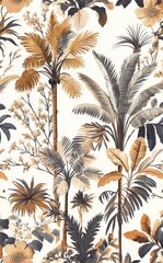 Poster - A rich tropical design showcases diverse palm trees and floral elements in earthy hues against a light background, perfect for decor