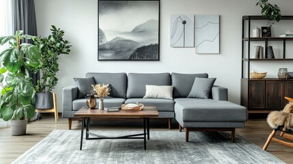 A modern living room interior design with a grey sectional sofa, a wooden coffee table, and two abstract paintings on the wall.