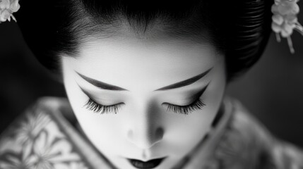 Poster - Close-up portrait of a woman with her eyes closed, wearing a traditional Japanese kimono, in black and white.