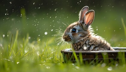 Juvenile European Rabbit grooming in a vibrant meadow setting