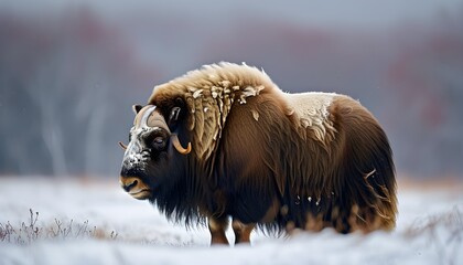 Wall Mural - Majestic muskoxen navigating through a serene winter landscape