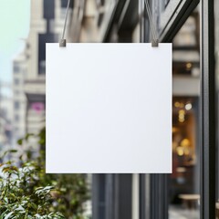 Wall Mural - blank white hanging sign on building, Mock up of a white blank empty square Signboard for store, cafe, restaurant name and logo Mock up Signage front shop square shape logo sign template