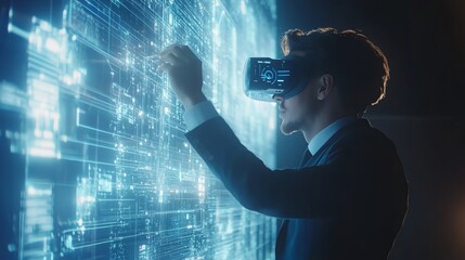 A businessman wearing VR headset interacts with a digital interface.