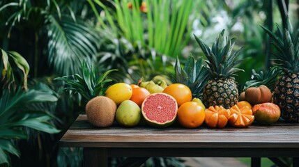 An assortment of organic tropical fruits on a wooden table with a background of greenery