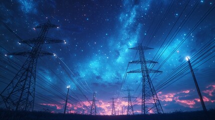 3D Visualization of Power Transmission Lines Against a Starry Night: Renewable Energy Concept